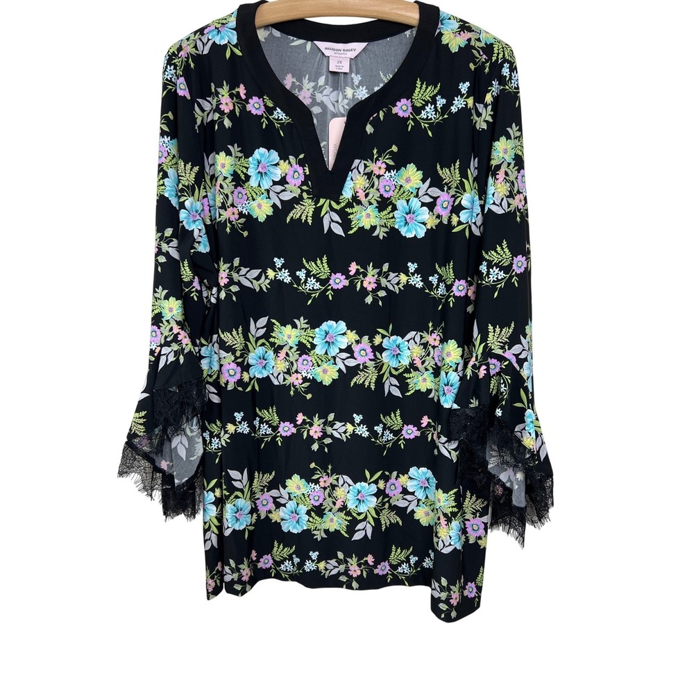 Allison Daley Blouse Womens 2X Black Floral Split Neck‎ Lace Cuff Tunic NEW G12